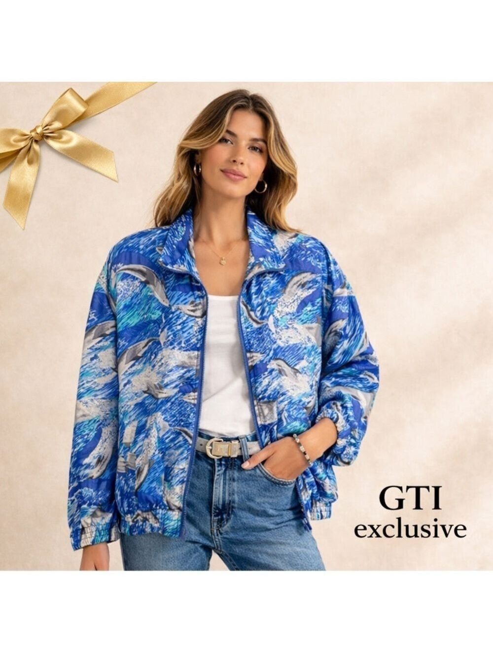 GTI Exclusive Dolphin Print Silk Jacket Medium Vintage